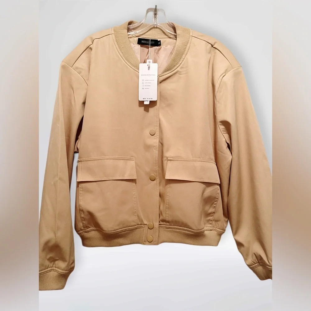 NWT Merokeety Women’s Cropped‎ Snap Front Crew Neck Bomber Jacket Khaki Size XL - Picture 8 of 8